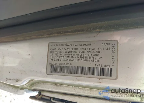 2003 Volkswagen Eurovan Gls from USA, damaged, VIN WV2KB47063H000964